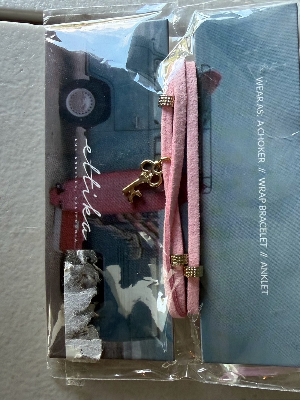 Ettika Pink Suede Wrap Bracelet with Gold Key Charm